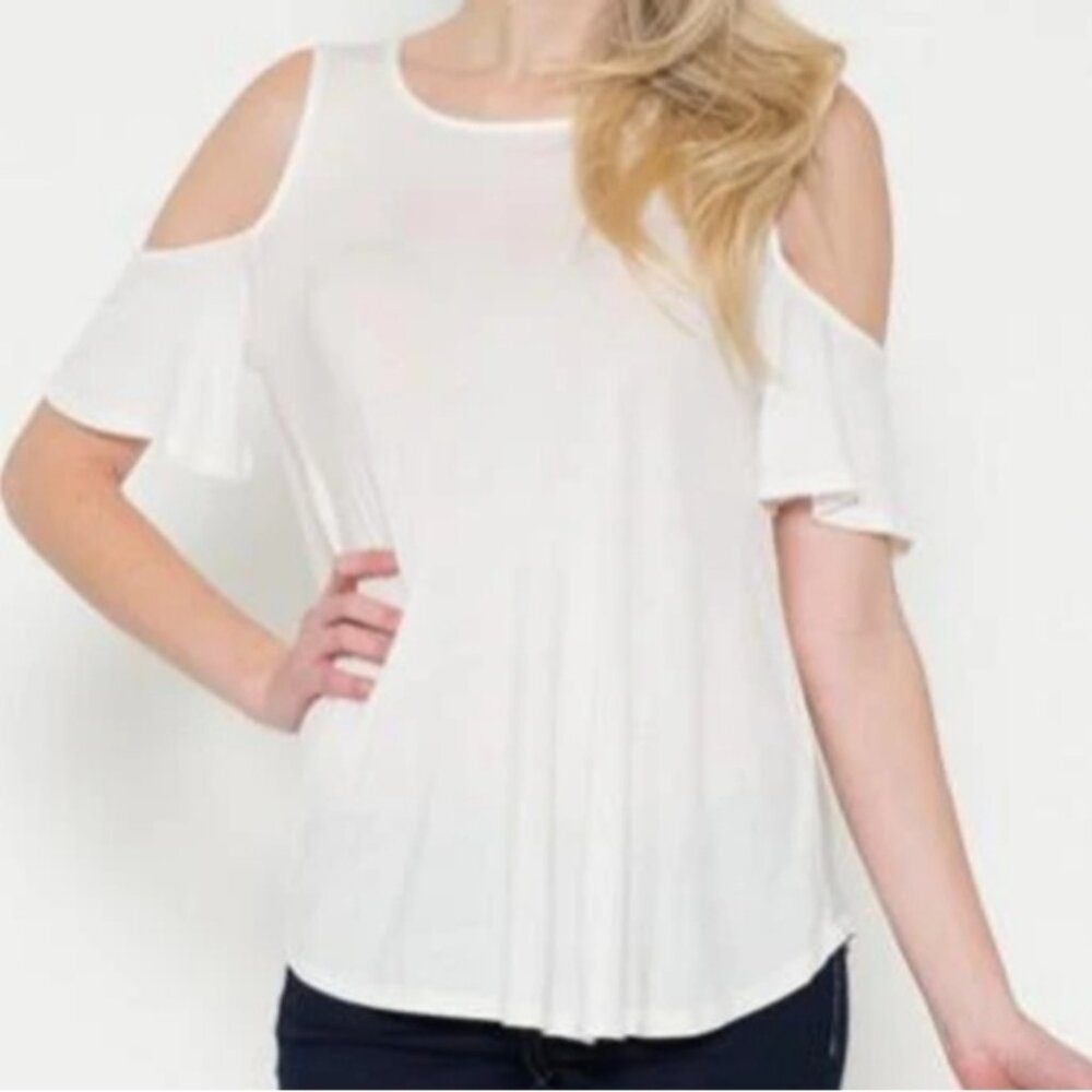 3/$20 Glitz Cold Shoulder Tshirt Blouse Scoop Neck Ruffle Flutter Sleeve Top